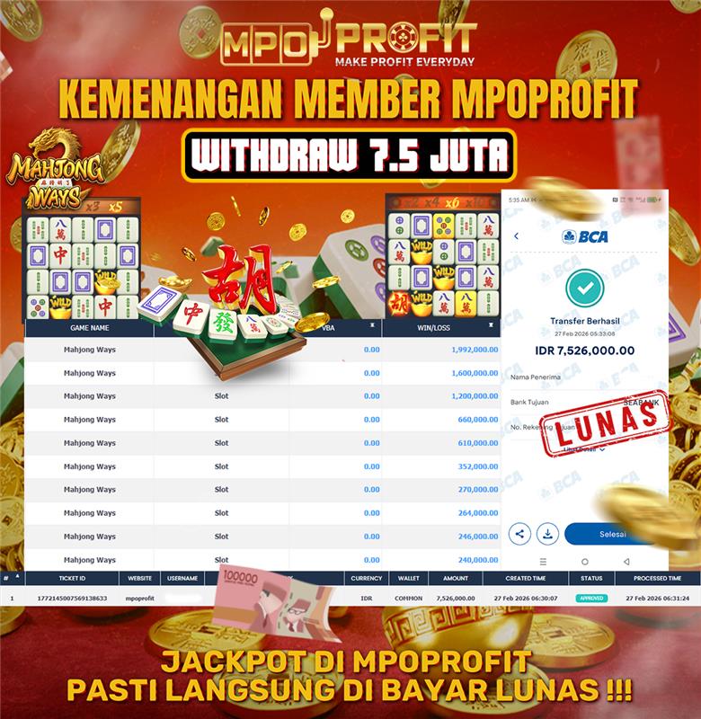 MPOPROFIT JACKPOT SLOT PGSOFT! KEMENANGAN MURNI DI (MAHJONG WAYS TOTAL RP. 7.526.000,- LUNAS)